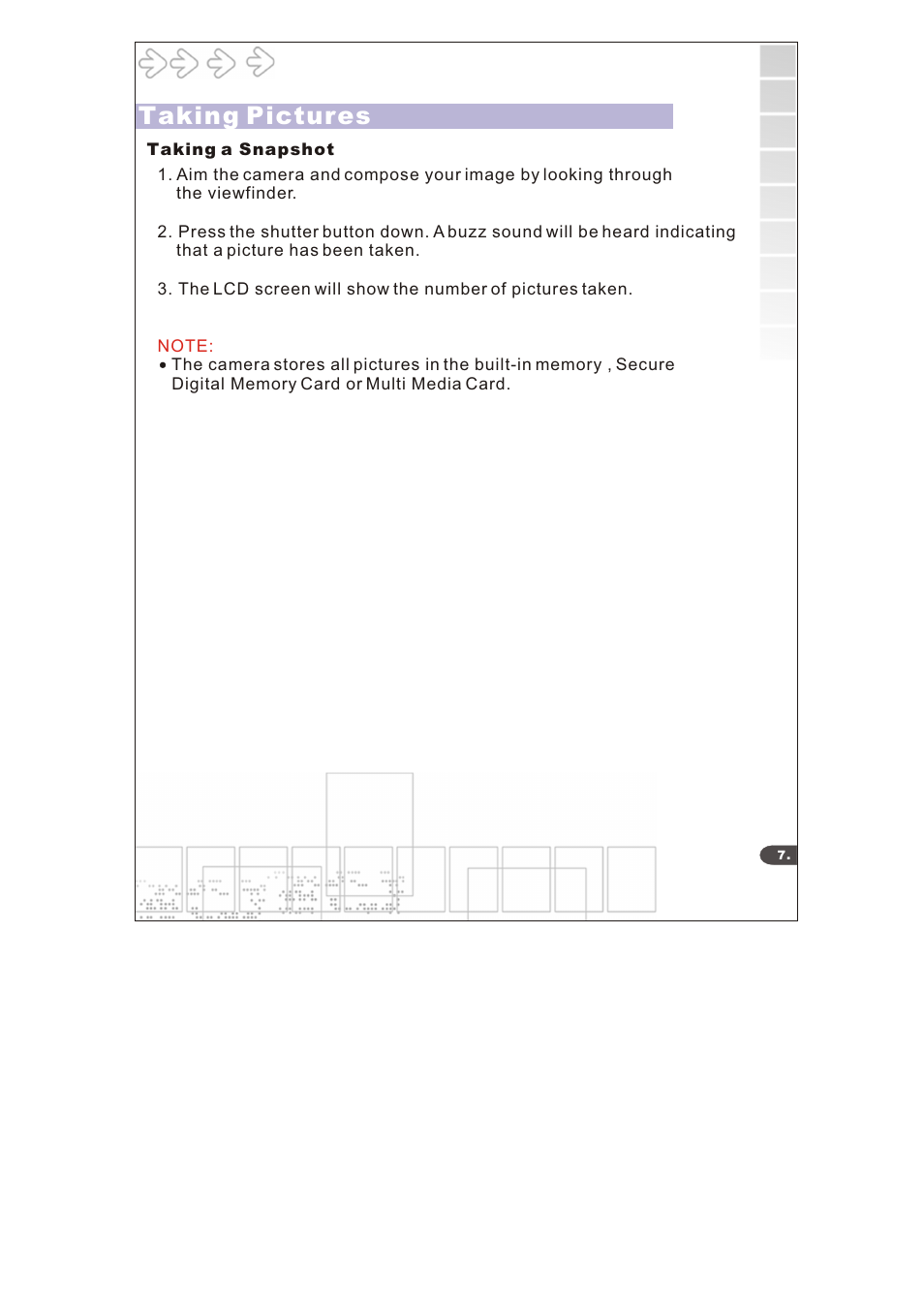 Taking pictures | Cobra Digital DC6415 User Manual | Page 9 / 21