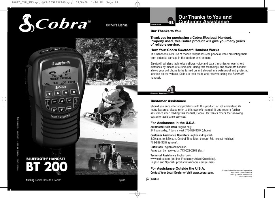 Cobra Digital BT 200 User Manual | 15 pages