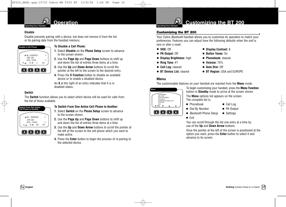 Product features, Operation, Customizing the bt 200 | Cobra Digital BT 200 User Manual | Page 10 / 15
