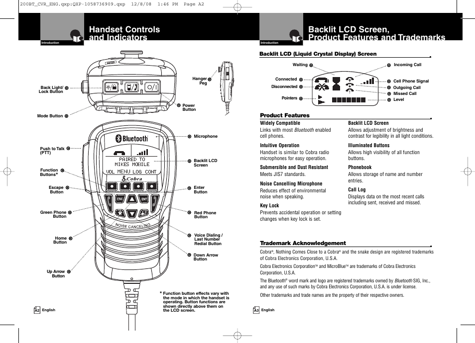 Handset controls and indicators | Cobra Digital BT 200 User Manual | Page 2 / 15