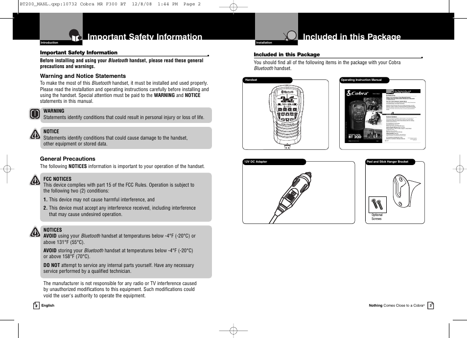 Included in this package, Important safety information | Cobra Digital BT 200 User Manual | Page 4 / 15