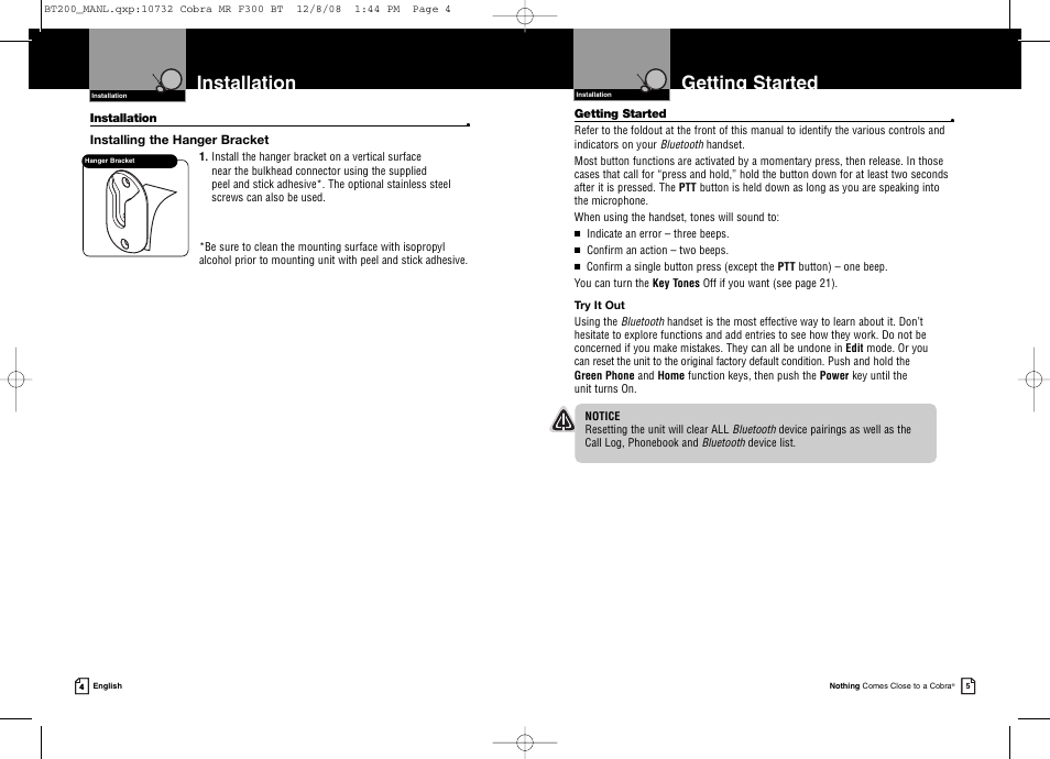 Getting started, Installation | Cobra Digital BT 200 User Manual | Page 5 / 15