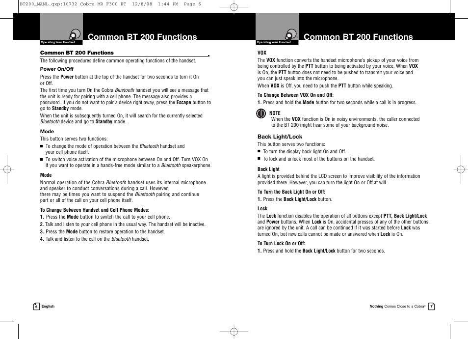 Common bt 200 functions | Cobra Digital BT 200 User Manual | Page 6 / 15