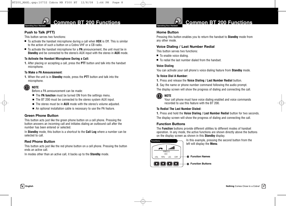 Common bt 200 functions | Cobra Digital BT 200 User Manual | Page 7 / 15