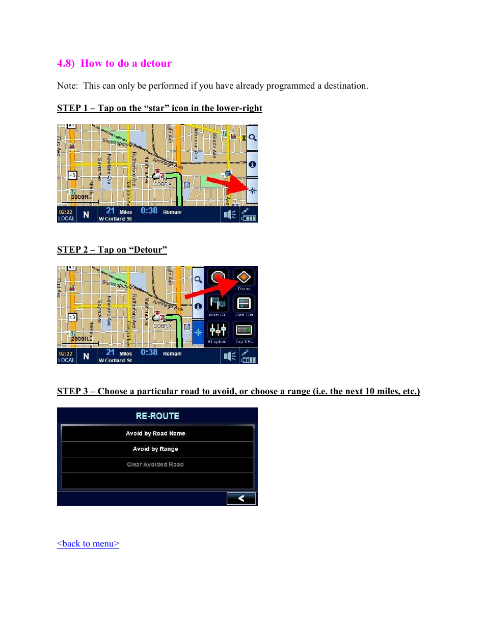 How to do a detour | Cobra Digital 7750 PLT User Manual | Page 21 / 59