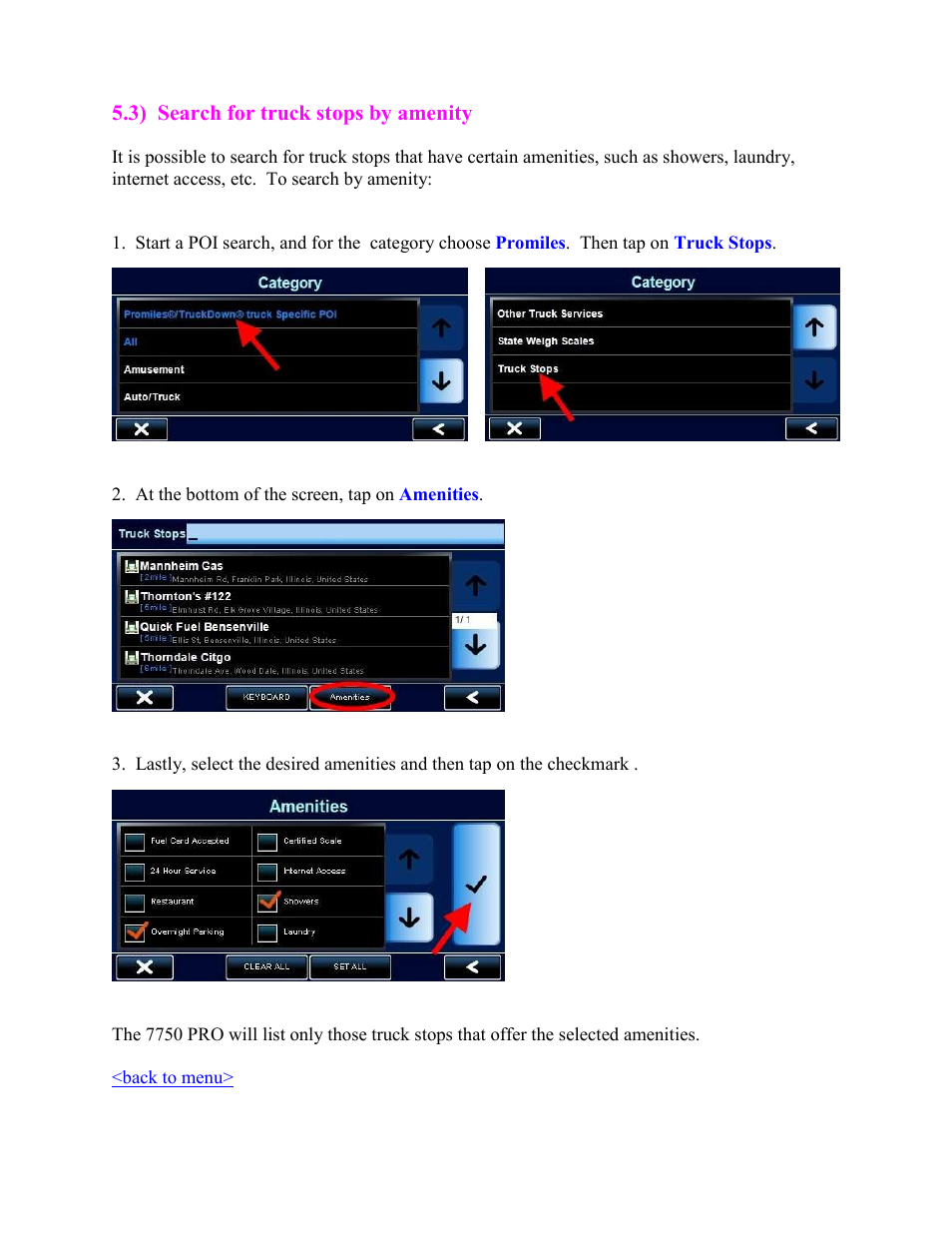 Search for truck stops by amenity, 3) search for truck stops by amenity | Cobra Digital 7750 PLT User Manual | Page 31 / 59