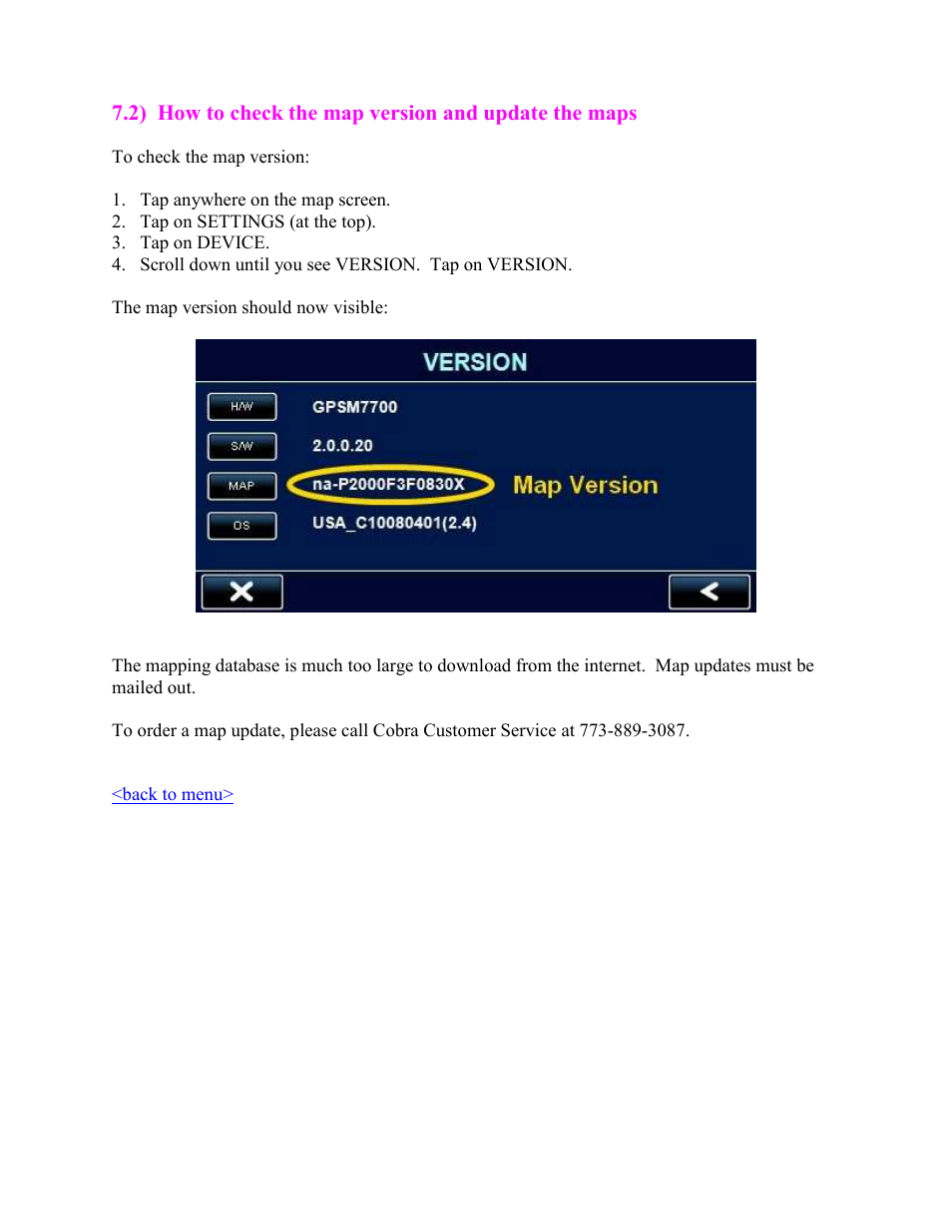 How to check the map version and update the maps | Cobra Digital 7750 PLT User Manual | Page 40 / 59