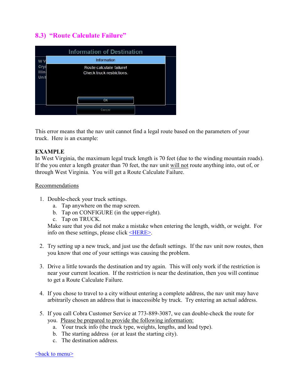 It says “route calculate failure, Here | Cobra Digital 7750 PLT User Manual | Page 43 / 59