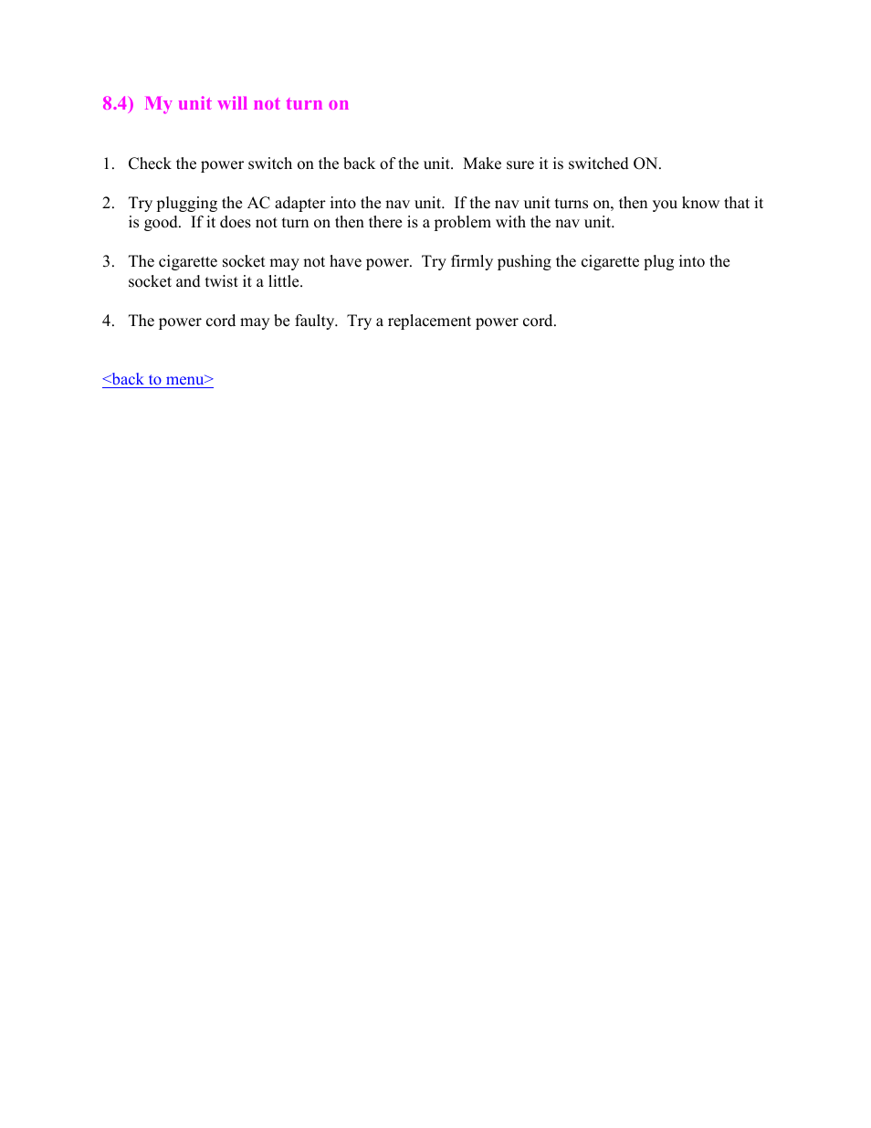 My unit will not turn on | Cobra Digital 7750 PLT User Manual | Page 44 / 59