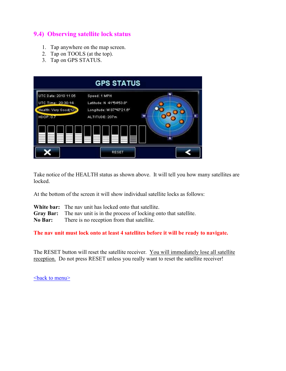 Observing satellite lock status, Here | Cobra Digital 7750 PLT User Manual | Page 53 / 59