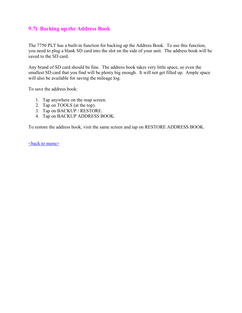 Backing up the address book | Cobra Digital 7750 PLT User Manual | Page 56 / 59