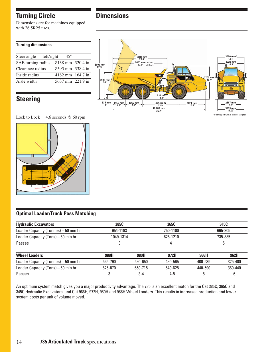 Turning circle, Steering, Dimensions | Optimal loader/truck pass matching | CAT 735 User Manual | Page 14 / 20