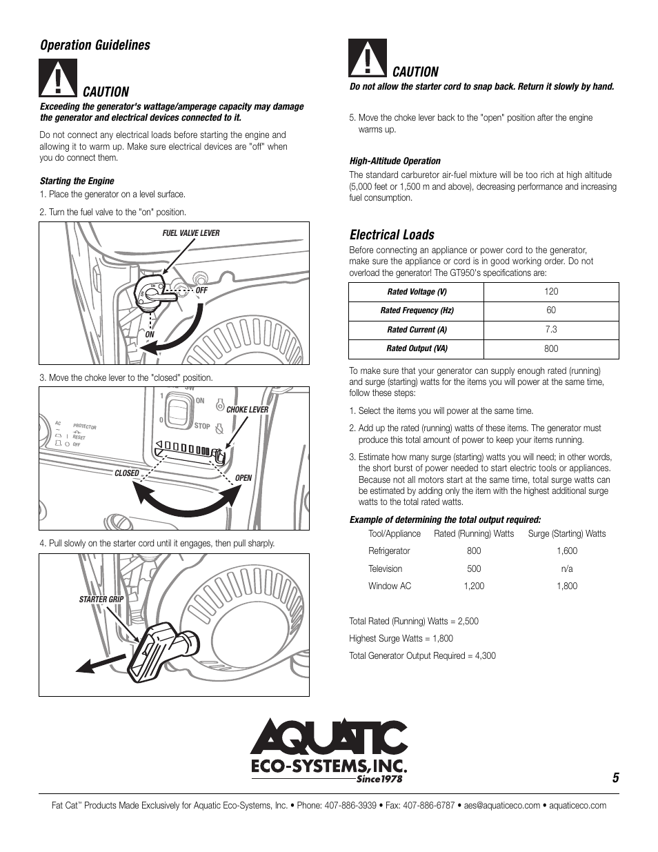 5operation guidelines caution, Caution, Electrical loads | CAT GT950 User Manual | Page 5 / 10
