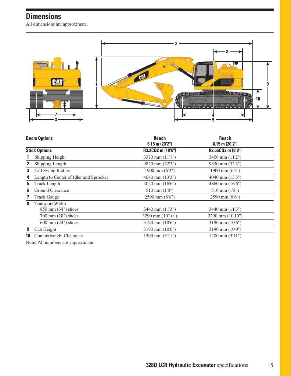 Dimensions | CAT Hydraulic Excavator 328D LCR User Manual | Page 15 / 24