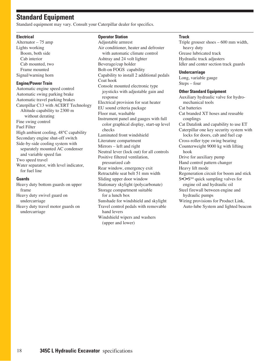 Standard equipment | CAT 345C L User Manual | Page 18 / 20