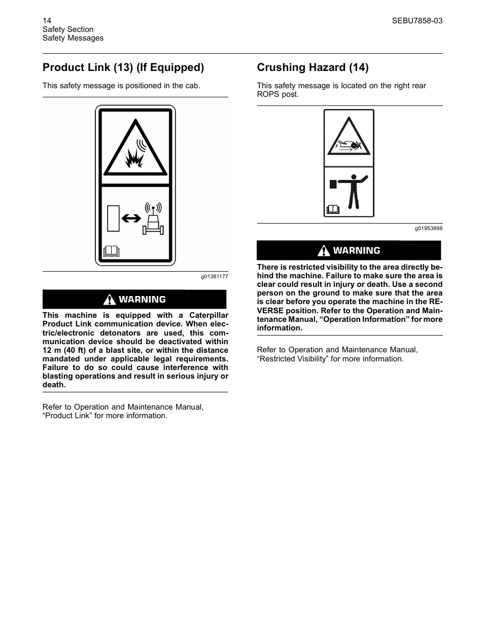 Product link (13) (if equipped), Crushing hazard (14) | CAT Caterpillar Wheel Tractor-Scraper 627G User Manual | Page 11 / 31