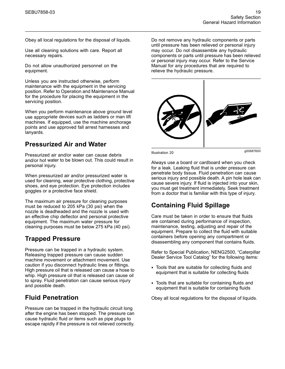 Pressurized air and water, Trapped pressure, Fluid penetration | Containing fluid spillage | CAT Caterpillar Wheel Tractor-Scraper 627G User Manual | Page 16 / 31