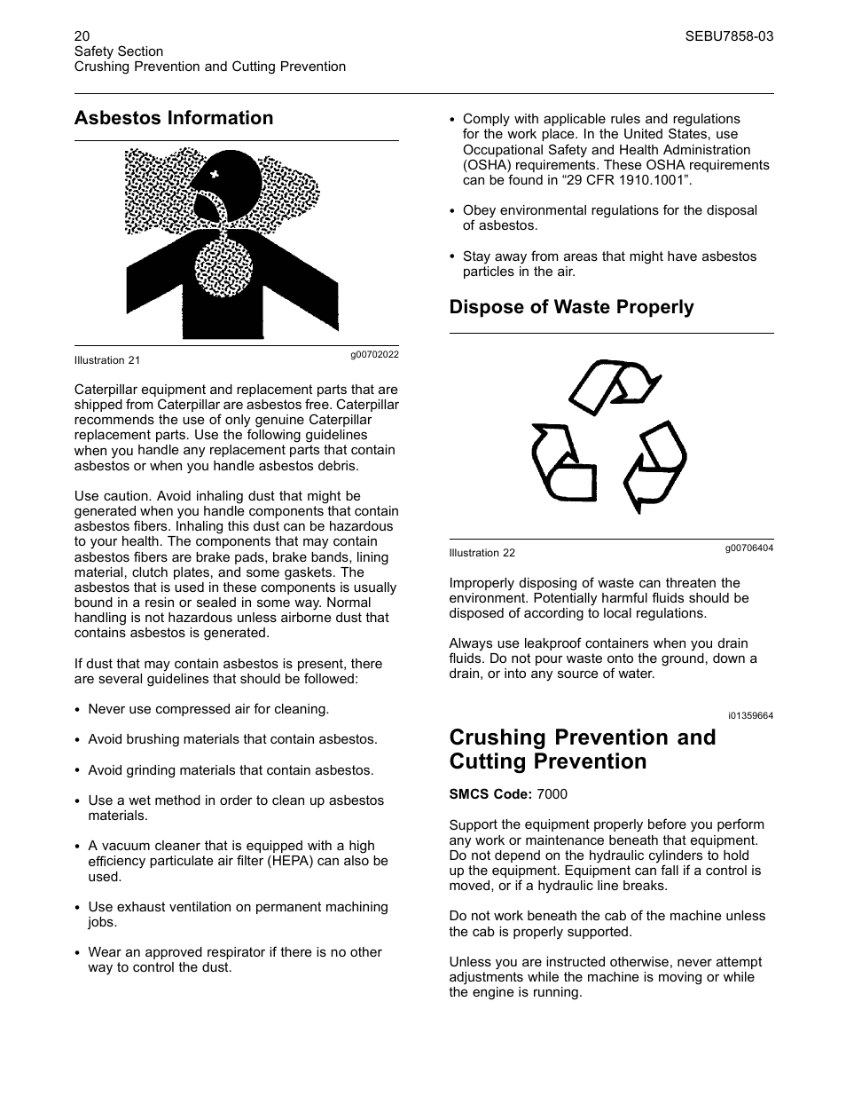 Crushing prevention and cutting prevention, Asbestos information, Dispose of waste properly | CAT Caterpillar Wheel Tractor-Scraper 627G User Manual | Page 17 / 31