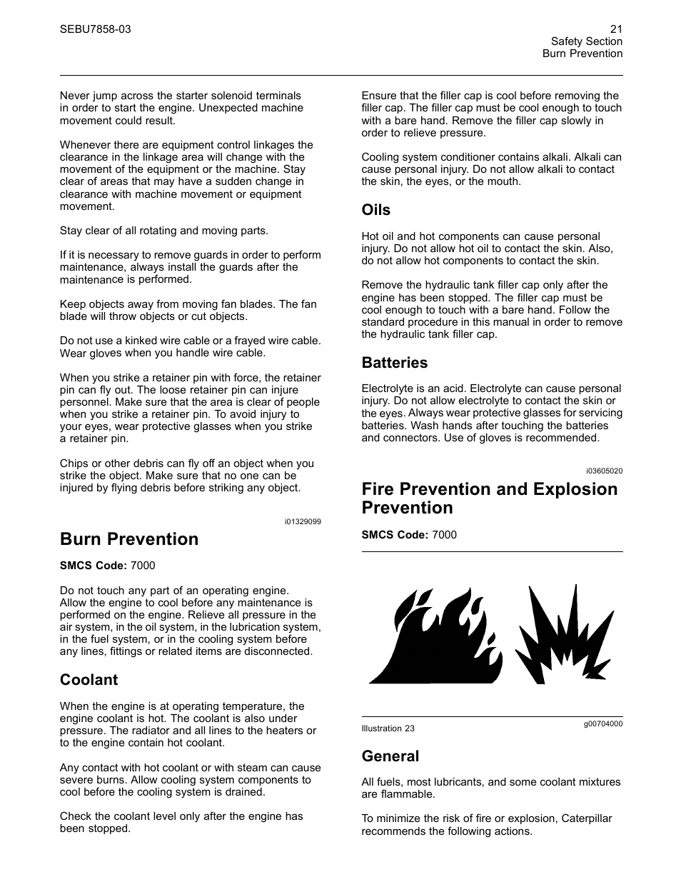 Burn prevention, Fire prevention and explosion prevention, Coolant | Oils, Batteries, General | CAT Caterpillar Wheel Tractor-Scraper 627G User Manual | Page 18 / 31