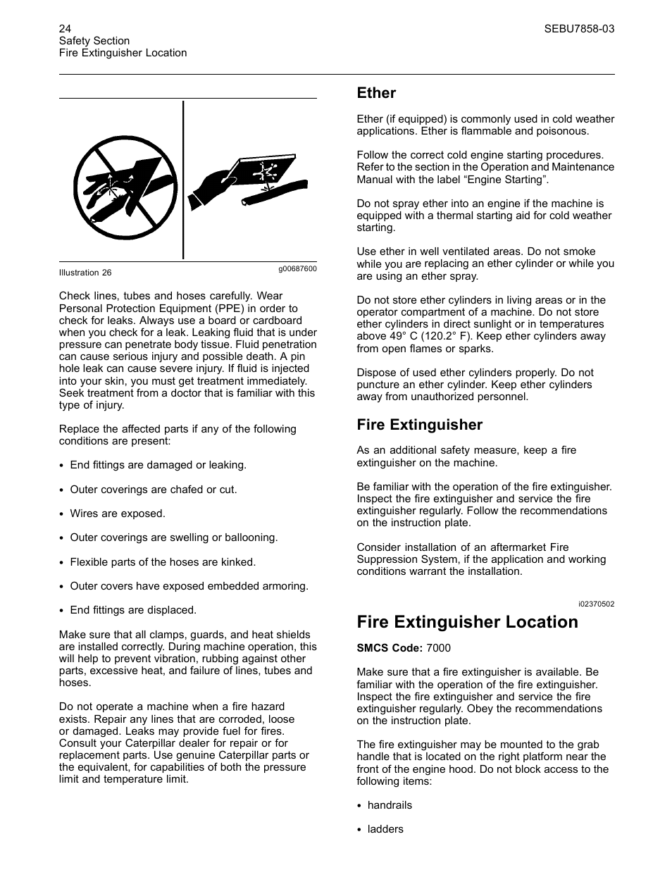 Fire extinguisher location, Ether, Fire extinguisher | CAT Caterpillar Wheel Tractor-Scraper 627G User Manual | Page 21 / 31