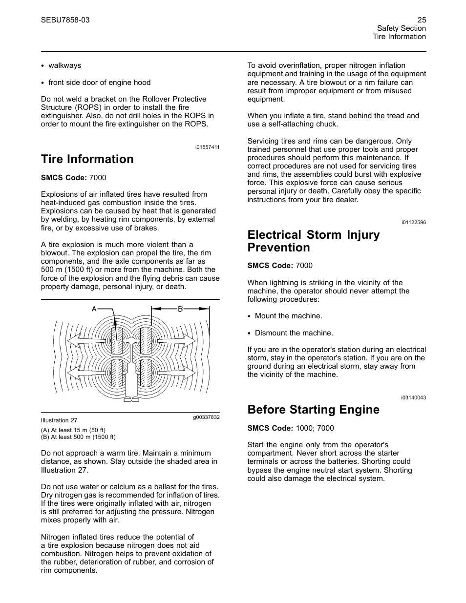 Tire information, Electrical storm injury prevention, Before starting engine | CAT Caterpillar Wheel Tractor-Scraper 627G User Manual | Page 22 / 31