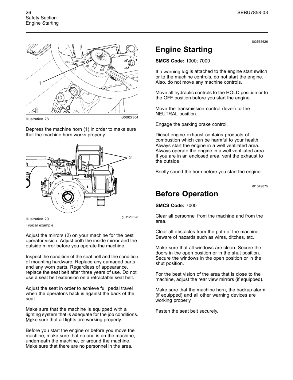 Engine starting, Before operation | CAT Caterpillar Wheel Tractor-Scraper 627G User Manual | Page 23 / 31