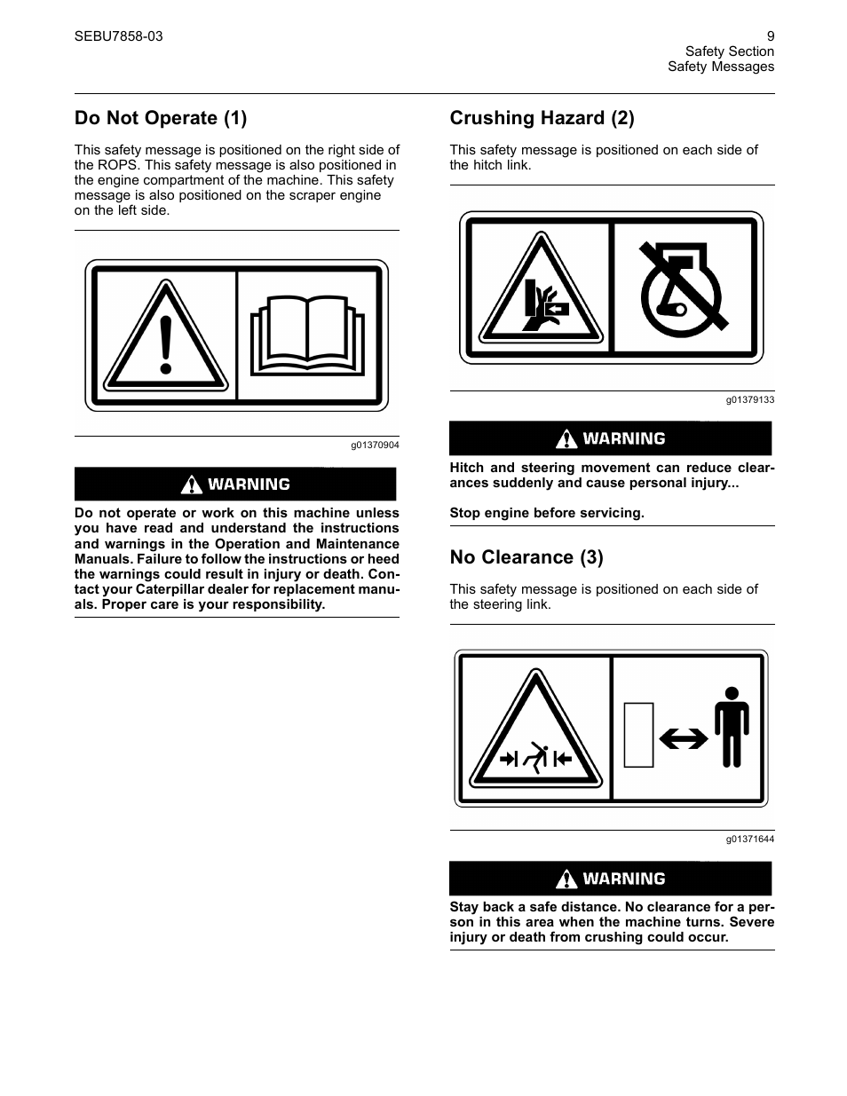 Do not operate (1), Crushing hazard (2), No clearance (3) | CAT Caterpillar Wheel Tractor-Scraper 627G User Manual | Page 6 / 31