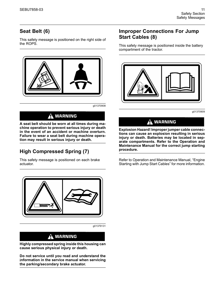 Seat belt (6), High compressed spring (7), Improper connections for jump start cables (8) | CAT Caterpillar Wheel Tractor-Scraper 627G User Manual | Page 8 / 31