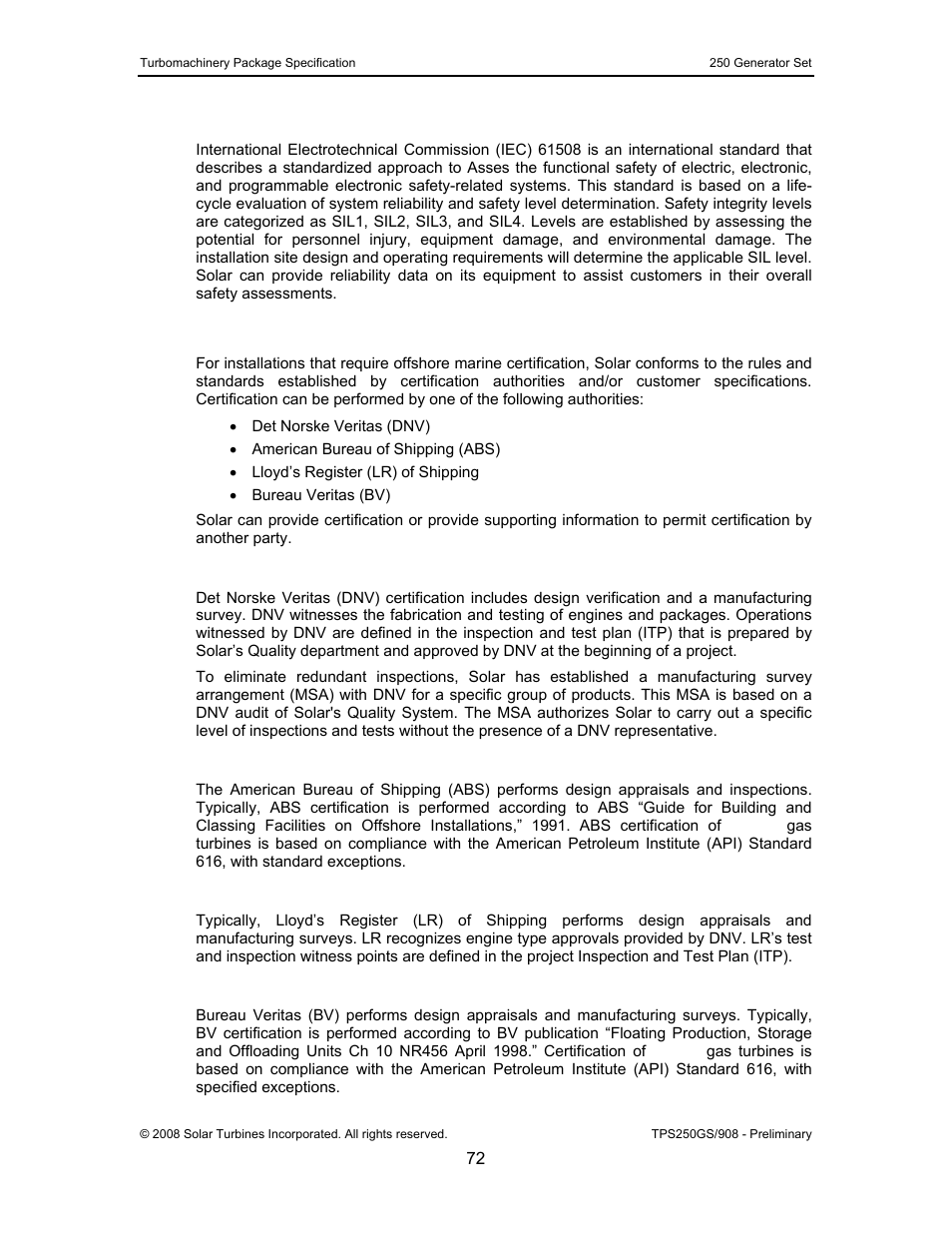6 offshore marine applications, 1 det norske veritas certification, 2 american bureau of shipping | 3 lloyd’s register of shipping, 4 bureau veritas, Offshore marine applications | CAT Titan 250 User Manual | Page 73 / 81