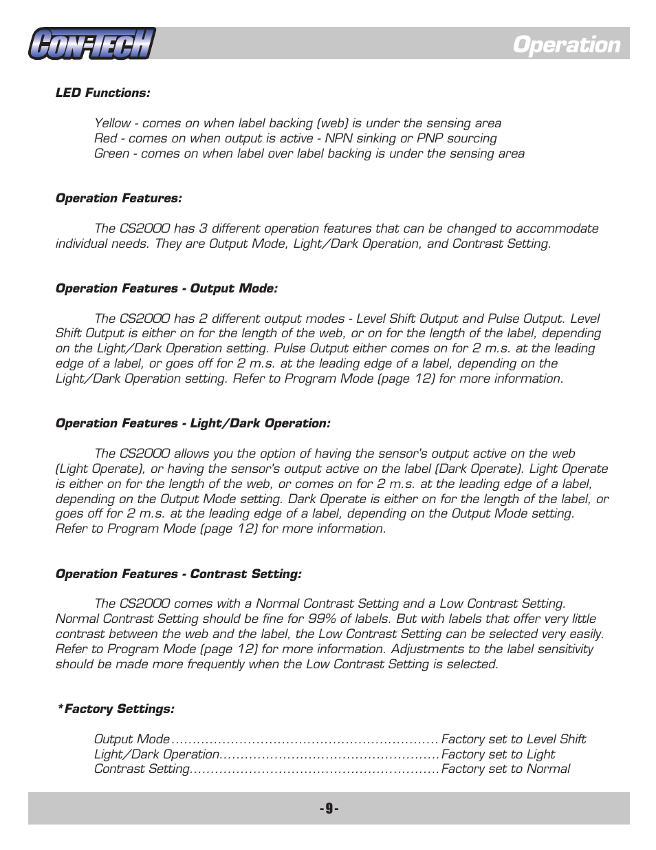 Operation | CON-TECH CS2000-QD User Manual | Page 11 / 18