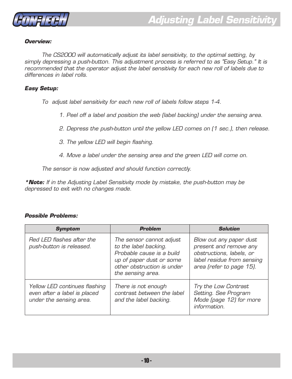 Adjusting label sensitivity | CON-TECH CS2000-QD User Manual | Page 12 / 18