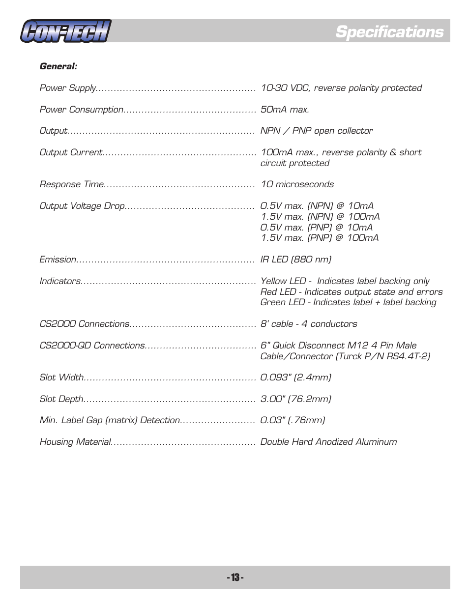 Specifications | CON-TECH CS2000-QD User Manual | Page 15 / 18