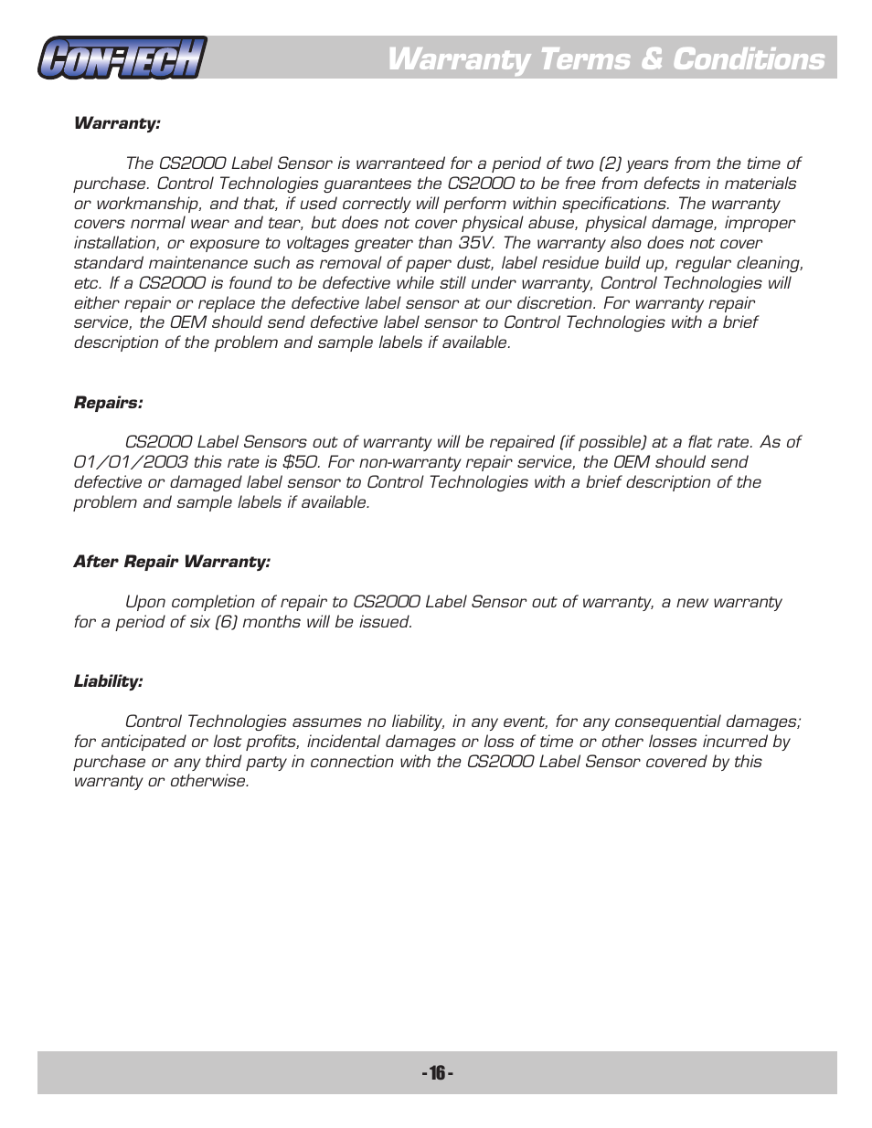 Warranty terms & conditions | CON-TECH CS2000-QD User Manual | Page 18 / 18