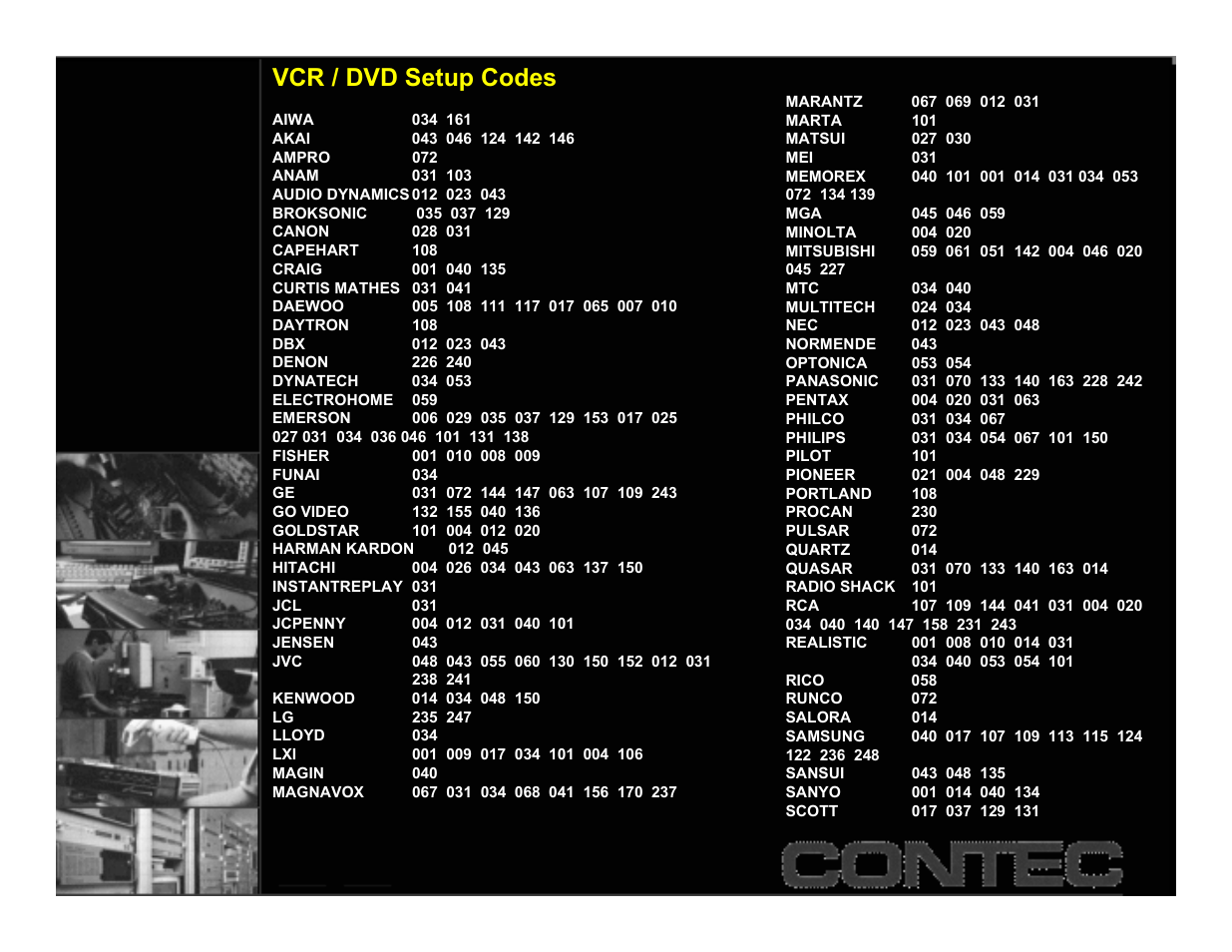 Vcr/dvd codes, Vcr / dvd setup codes | Contec CheckMate RT-U49+ User Manual | Page 10 / 30