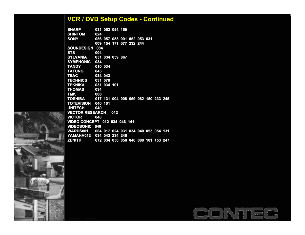 Vcr/dvd codes (cont'd), Vcr / dvd setup codes - continued | Contec CheckMate RT-U49+ User Manual | Page 11 / 30