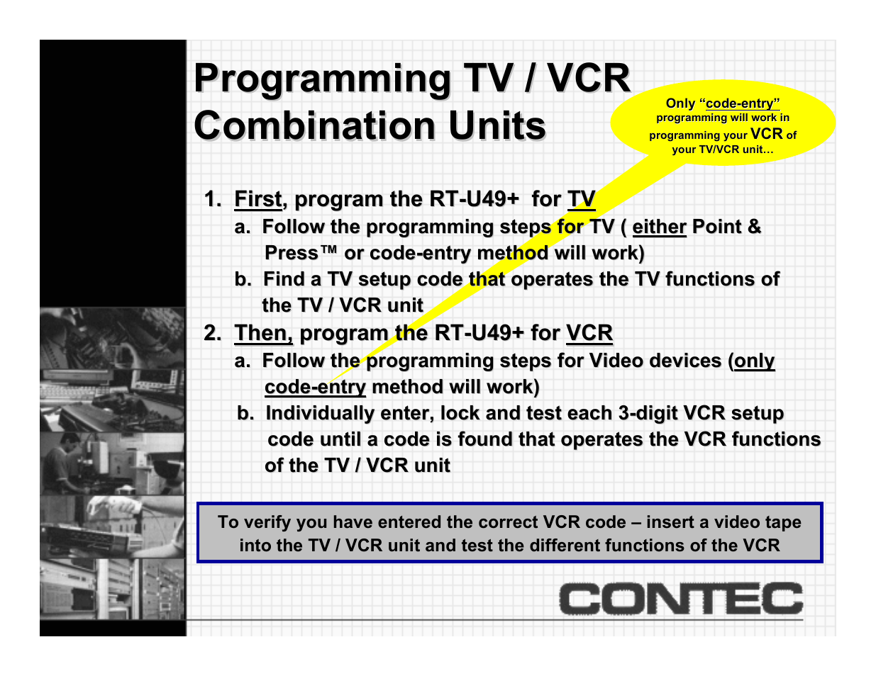 Programming tv/vcr combos, Programming tv / vcr | Contec CheckMate RT-U49+ User Manual | Page 12 / 30