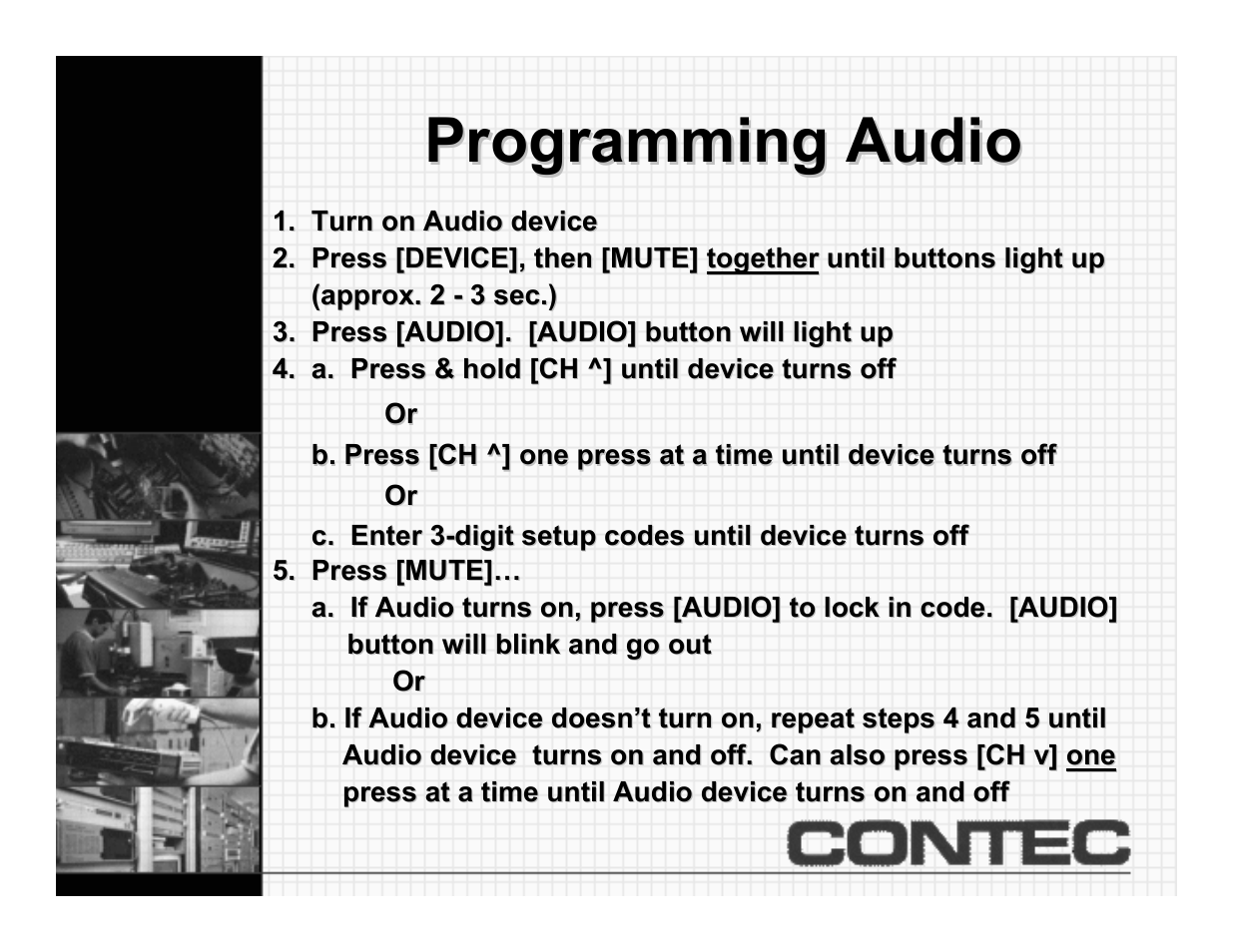 Programming audio | Contec CheckMate RT-U49+ User Manual | Page 13 / 30