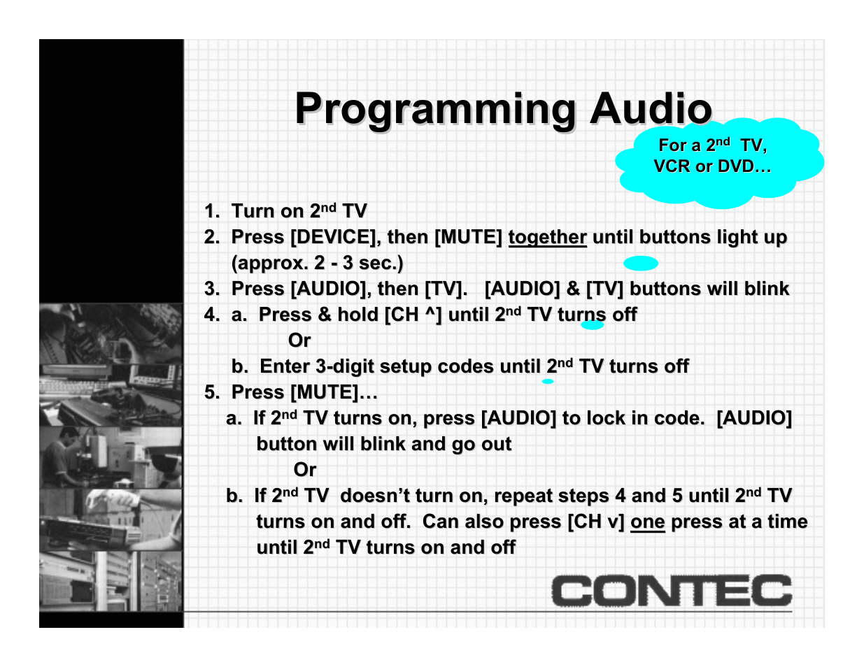 Programming audio (cont'd), Programming audio | Contec CheckMate RT-U49+ User Manual | Page 14 / 30