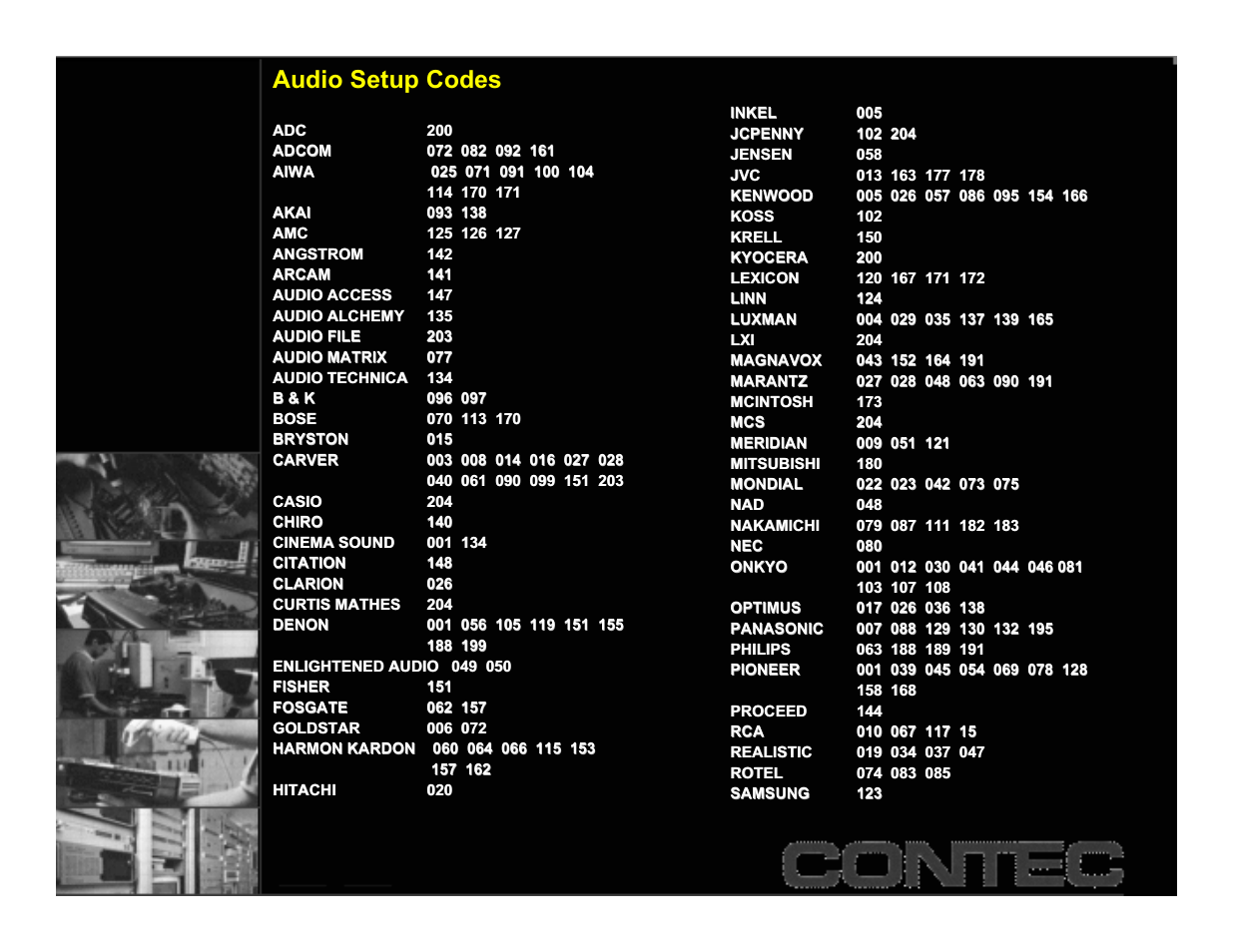 Audio codes, Audio setup codes | Contec CheckMate RT-U49+ User Manual | Page 15 / 30