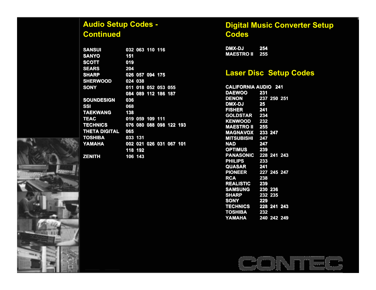 Audio codes (cont'd), Audio setup codes - continued, Digital music converter setup codes | Laser disc setup codes | Contec CheckMate RT-U49+ User Manual | Page 16 / 30