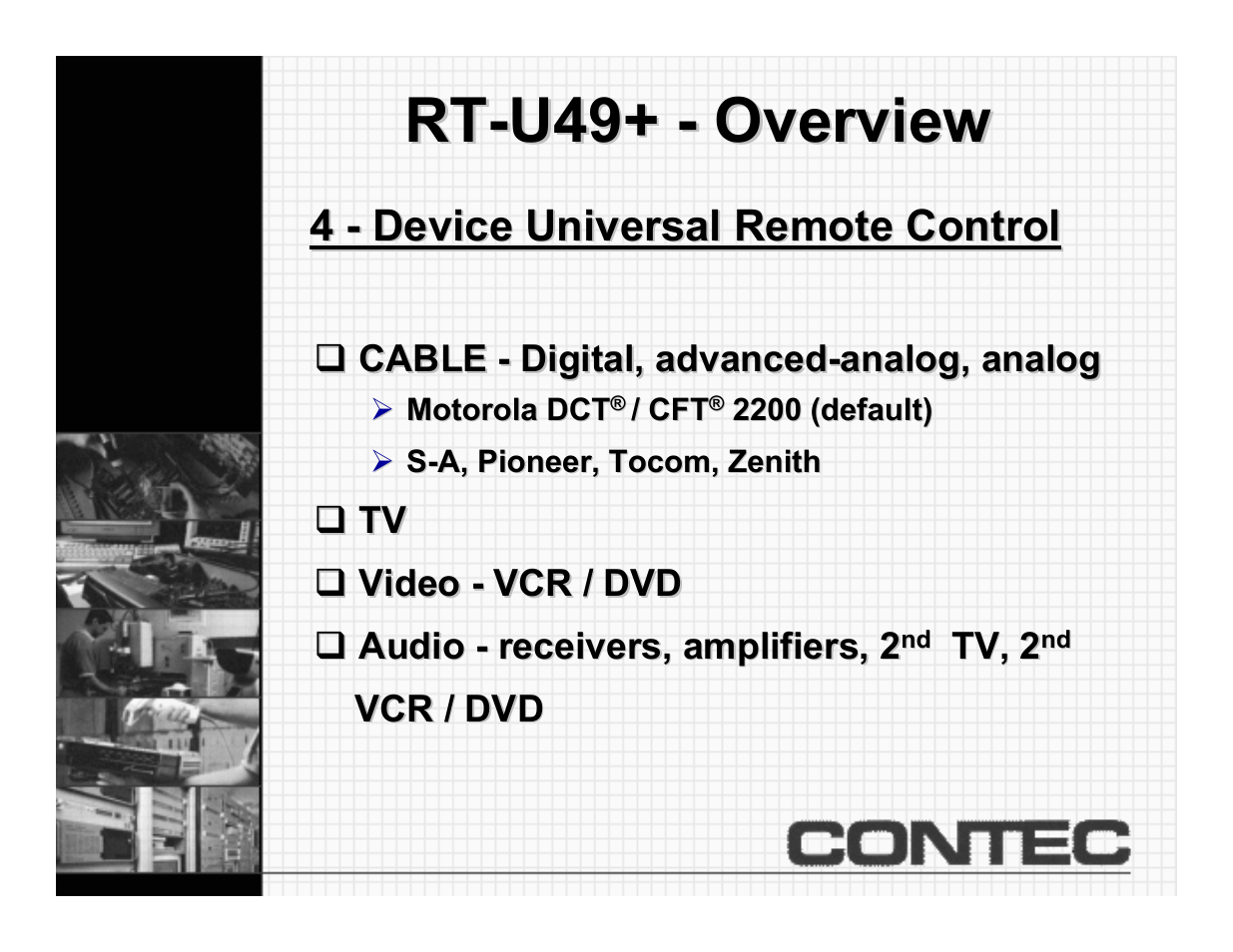 Overview, Rt-u49+ - overview, 4 - device universal remote control | Contec CheckMate RT-U49+ User Manual | Page 2 / 30