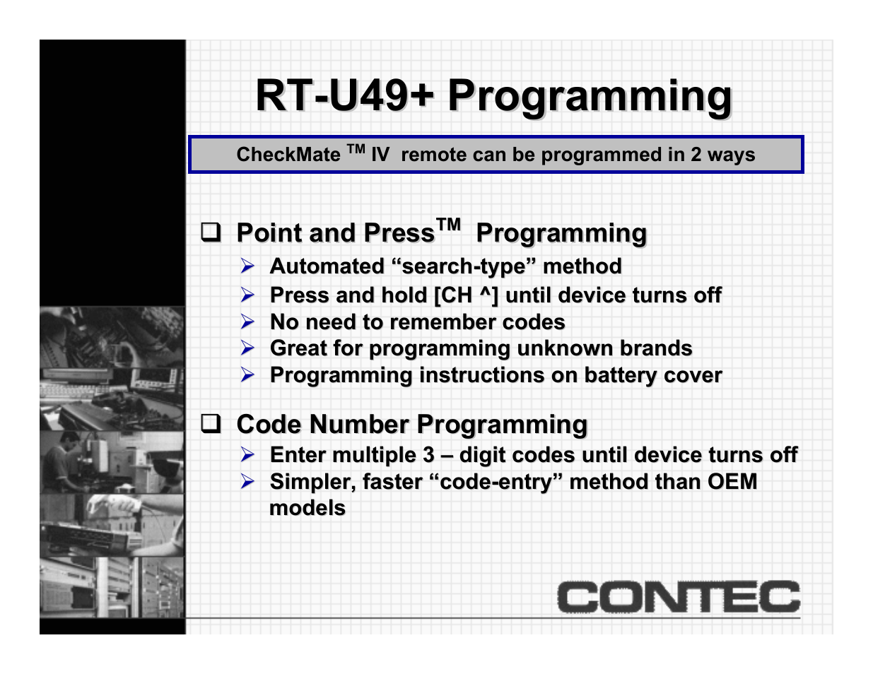 Programming overview, Rt-u49+ programming | Contec CheckMate RT-U49+ User Manual | Page 3 / 30