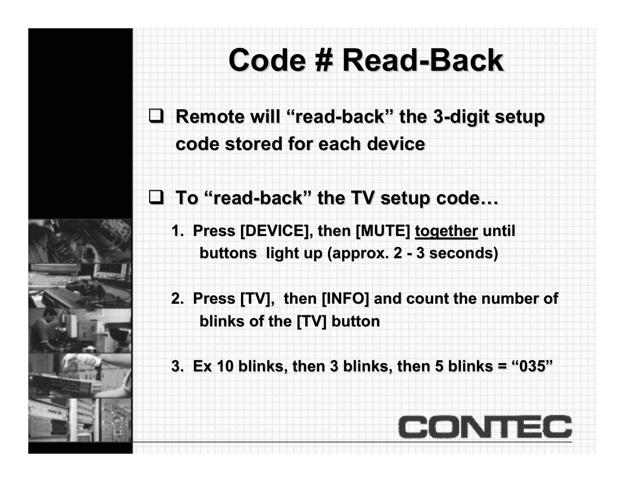 Code number read-back, Code # read-back | Contec CheckMate RT-U49+ User Manual | Page 30 / 30