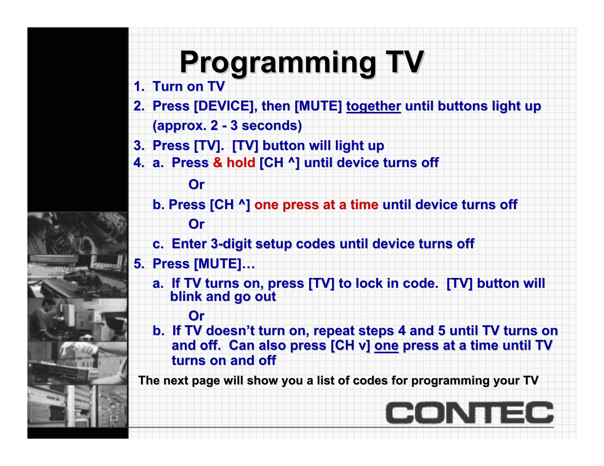 Programming tv | Contec CheckMate RT-U49+ User Manual | Page 6 / 30