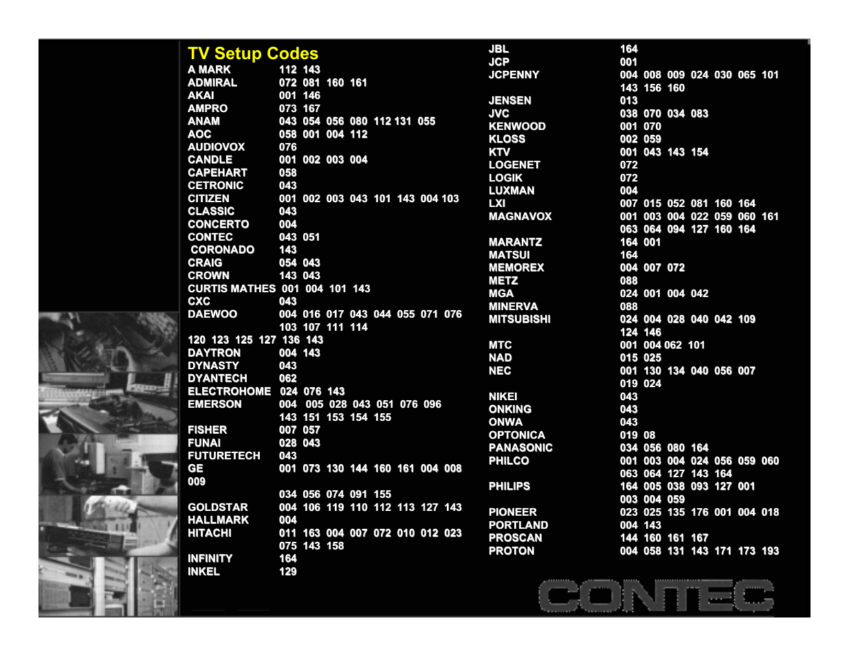 Tv codes, Tv setup codes | Contec CheckMate RT-U49+ User Manual | Page 7 / 30