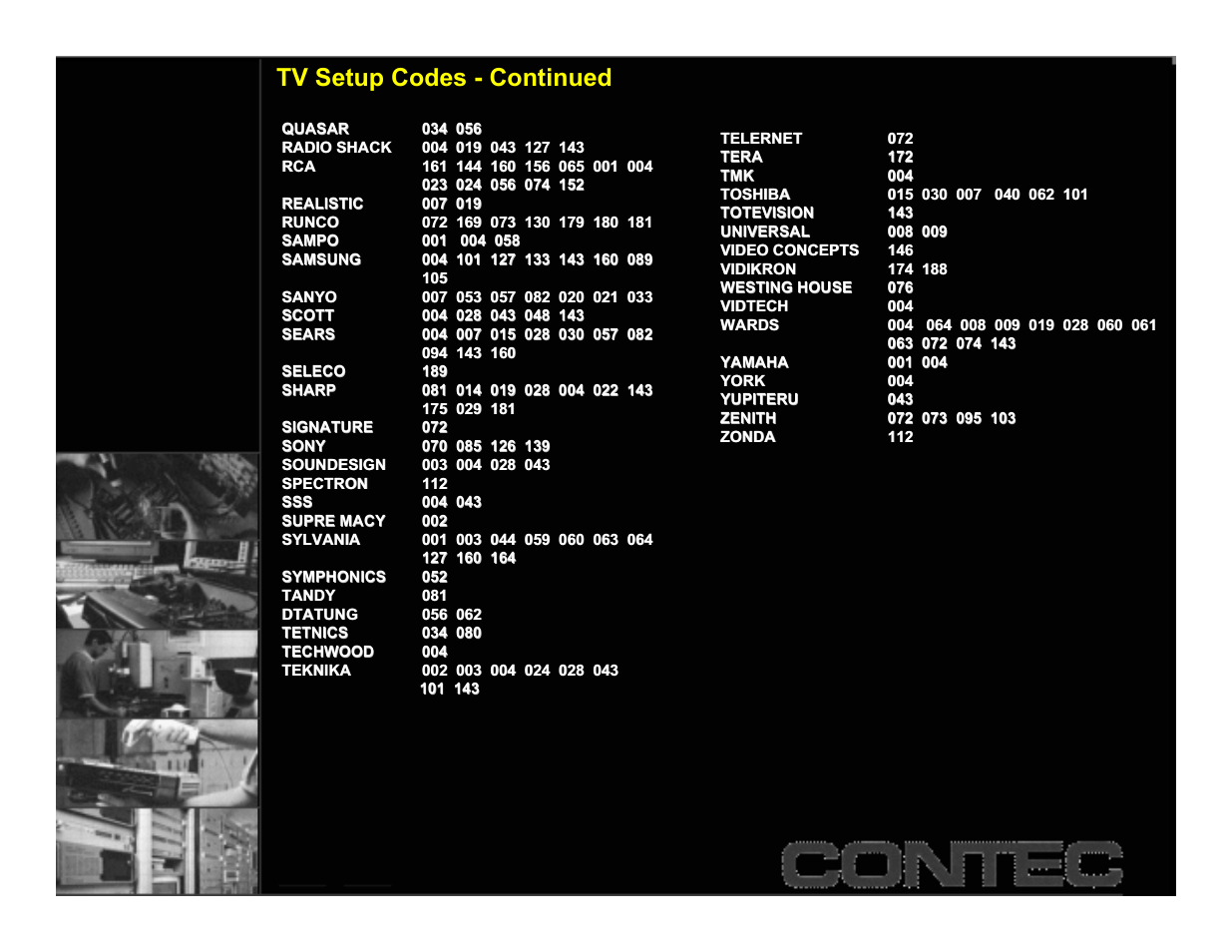 Tv codes (cont'd), Tv setup codes - continued | Contec CheckMate RT-U49+ User Manual | Page 8 / 30