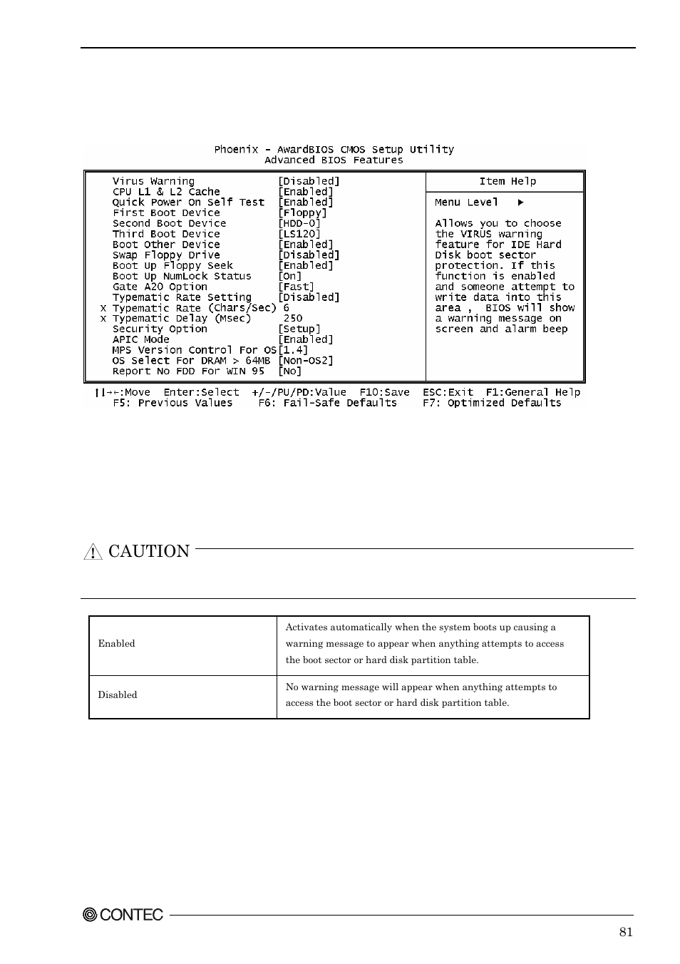 Advanced bios features setup, Virus warning, Caution | Contec SPI-8451-LVA User Manual | Page 88 / 123