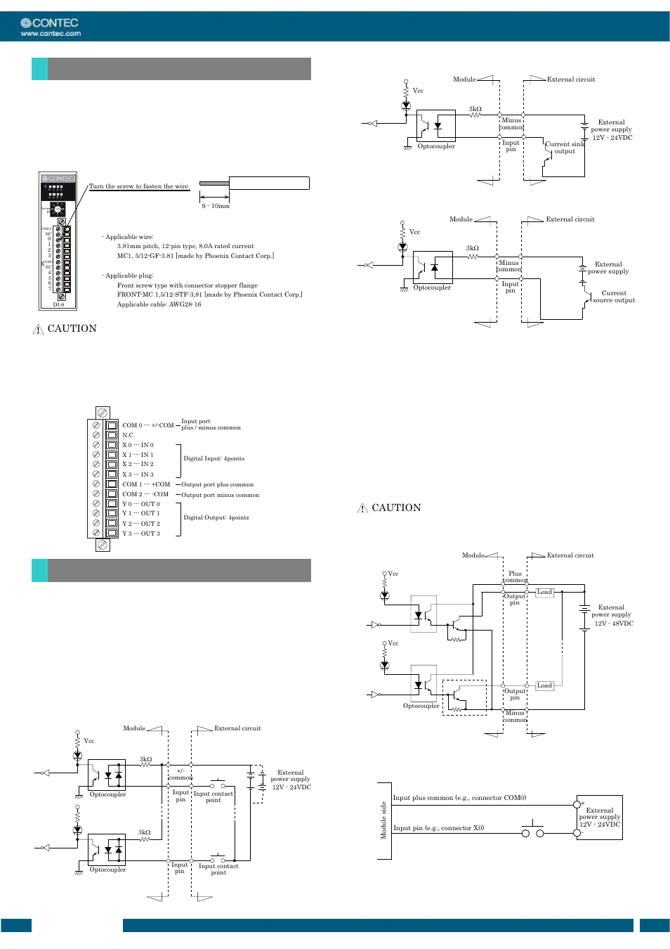 Interface connector external i/o circuits, Dio-4/4(fit)gy, How to connect an interface connector | Signal layout on the interface connector, Ver.1.00, Example of a connection to current sink output, Example of a connection to current source output, Connection example: using inputs x0 | Contec 4(FIT)GY 1 User Manual | Page 3 / 4