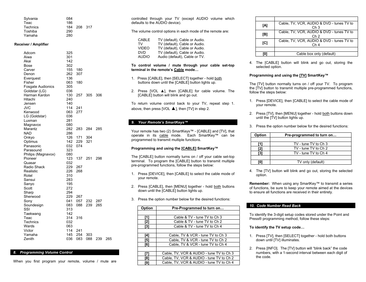 Programming volume control, Your remote’s smartkeys, Option | Code number read back | Contec CheckMate V RT-U50-25S User Manual | Page 5 / 8