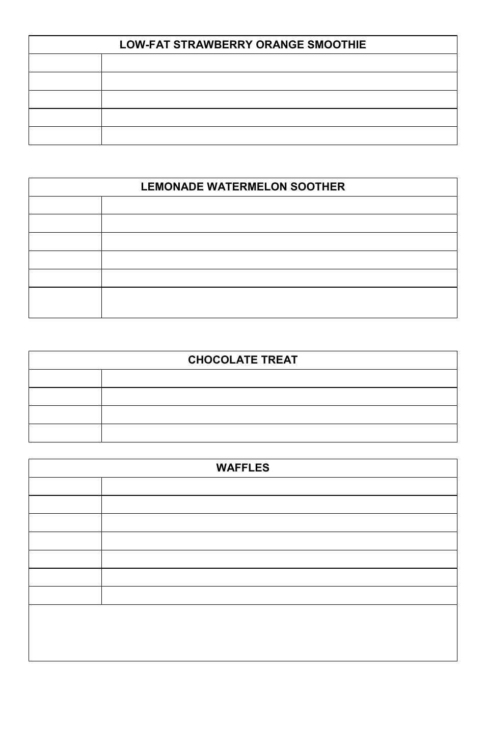 Low-fat strawberry orange smoothie, Lemonade watermelon soother, Chocolate treat | Waffles | ChefScape SE655 User Manual | Page 12 / 44